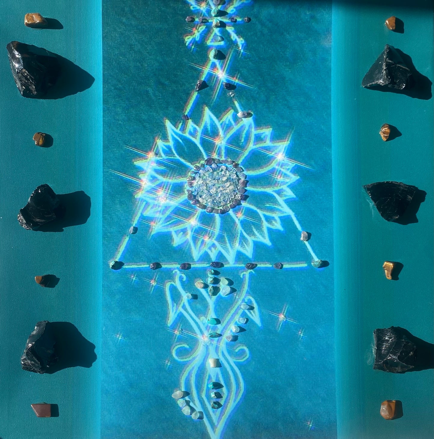 Sacred Geometry Flower Art with Amethyst, Rose Quartz, Tourmaline & Fluorite