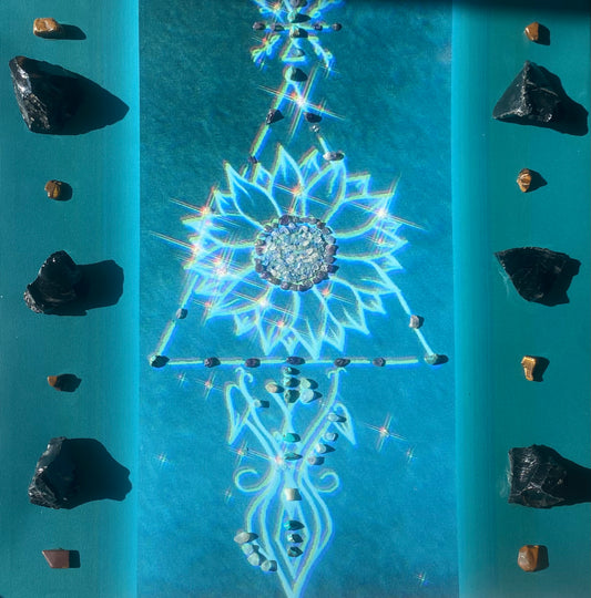 Sacred Geometry Flower Art with Amethyst, Rose Quartz, Tourmaline & Fluorite