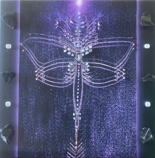 Dragonfly Crystal Canvas – Purple Matrix Wall Decor with Rose Quartz, Selenite, Fluorite & Black Tourmaline