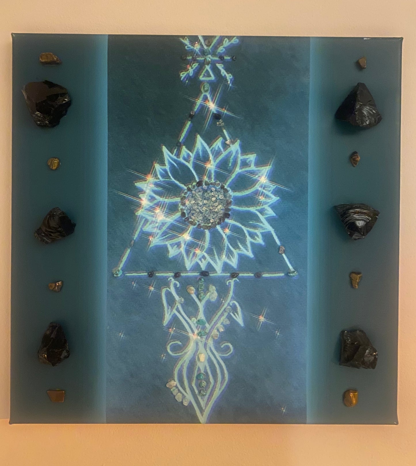 Sacred Geometry Flower Art with Amethyst, Rose Quartz, Tourmaline & Fluorite